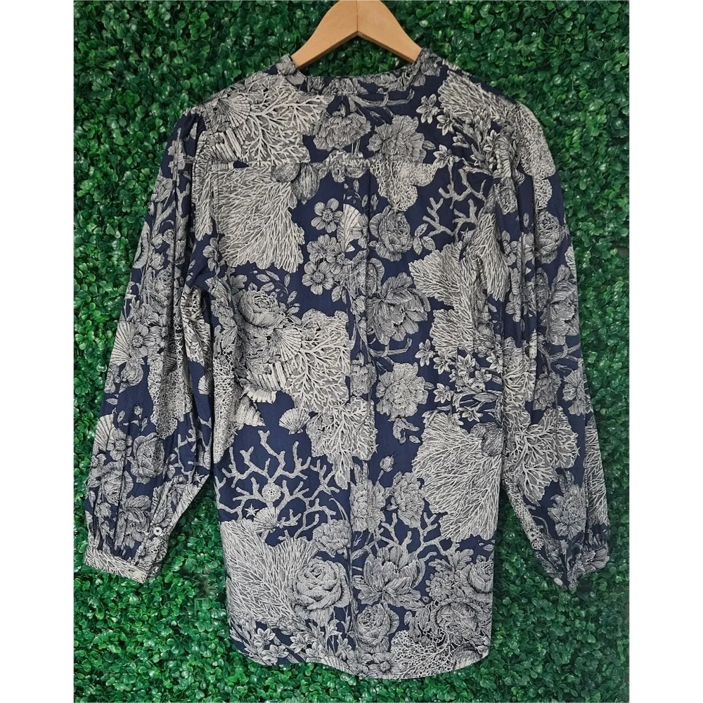 J. Crew Classic-fit collarless puff-sleeve shirt in Ratti® seashell print